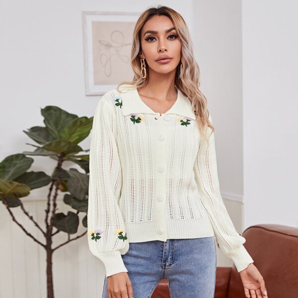 

Embroidery Detail Lantern Sleeve Cardigan, Beige