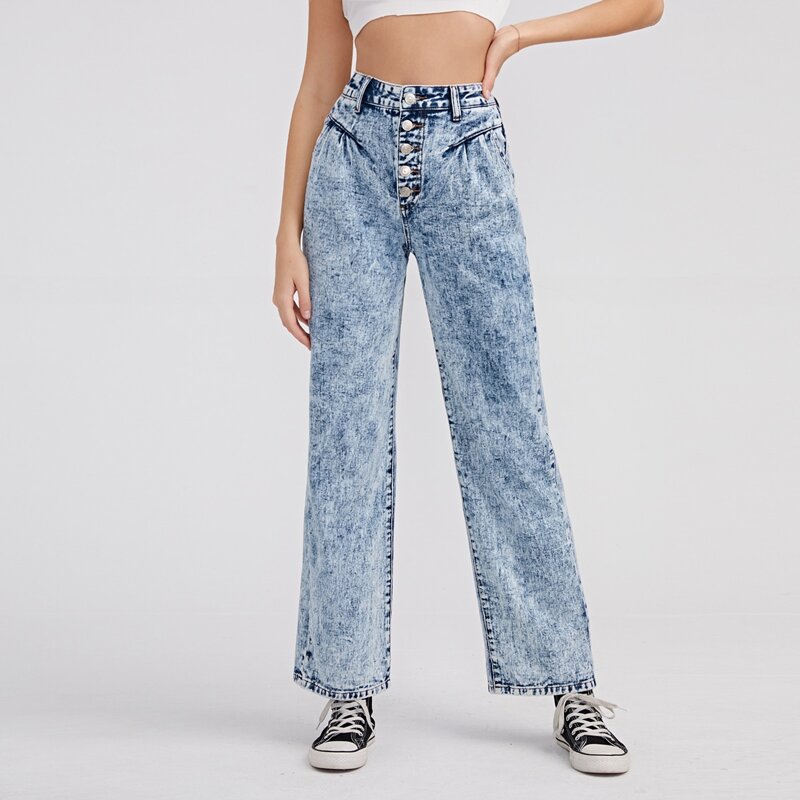 

High Waist Button Fly Straight Leg Jeans, Light wash