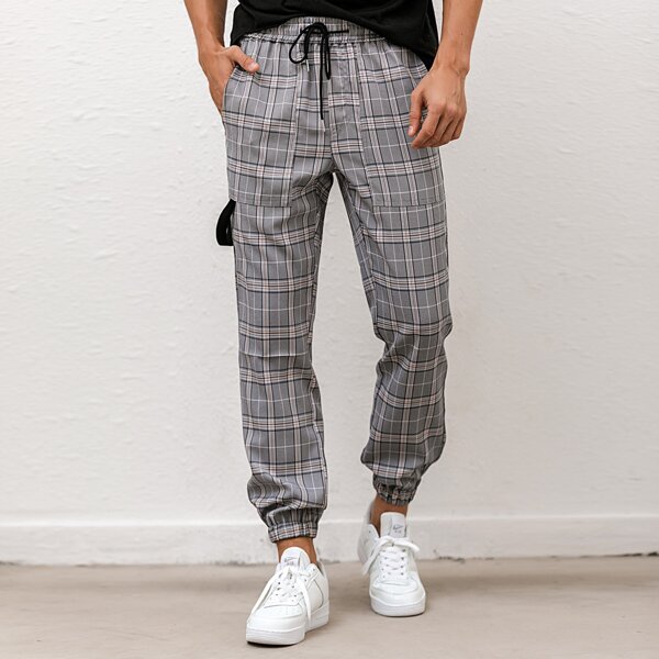 

Men Plaid Tape Drawstring Joggers, Grey