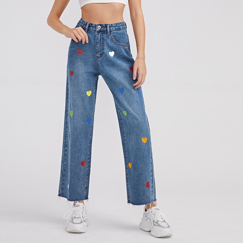 

High-Rise Heart Pattern Straight Jeans, Medium wash