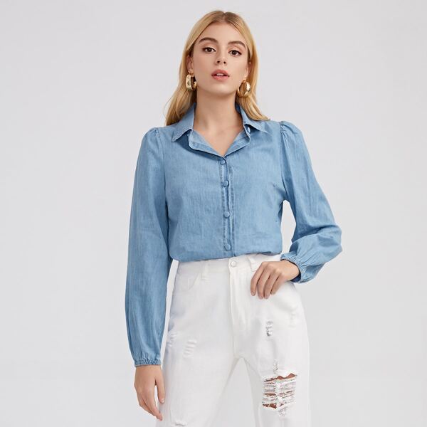 

Lantern Sleeve Curved Hem Denim Blouse, Light wash