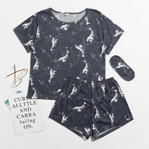 

Whale Print Pajama Set With Eye Mask, Dusty blue