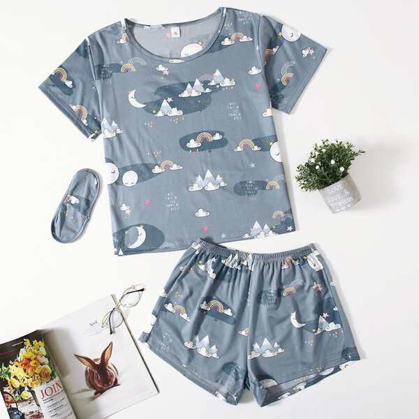 

3pcs Cartoon Graphic PJ Set, Dusty blue
