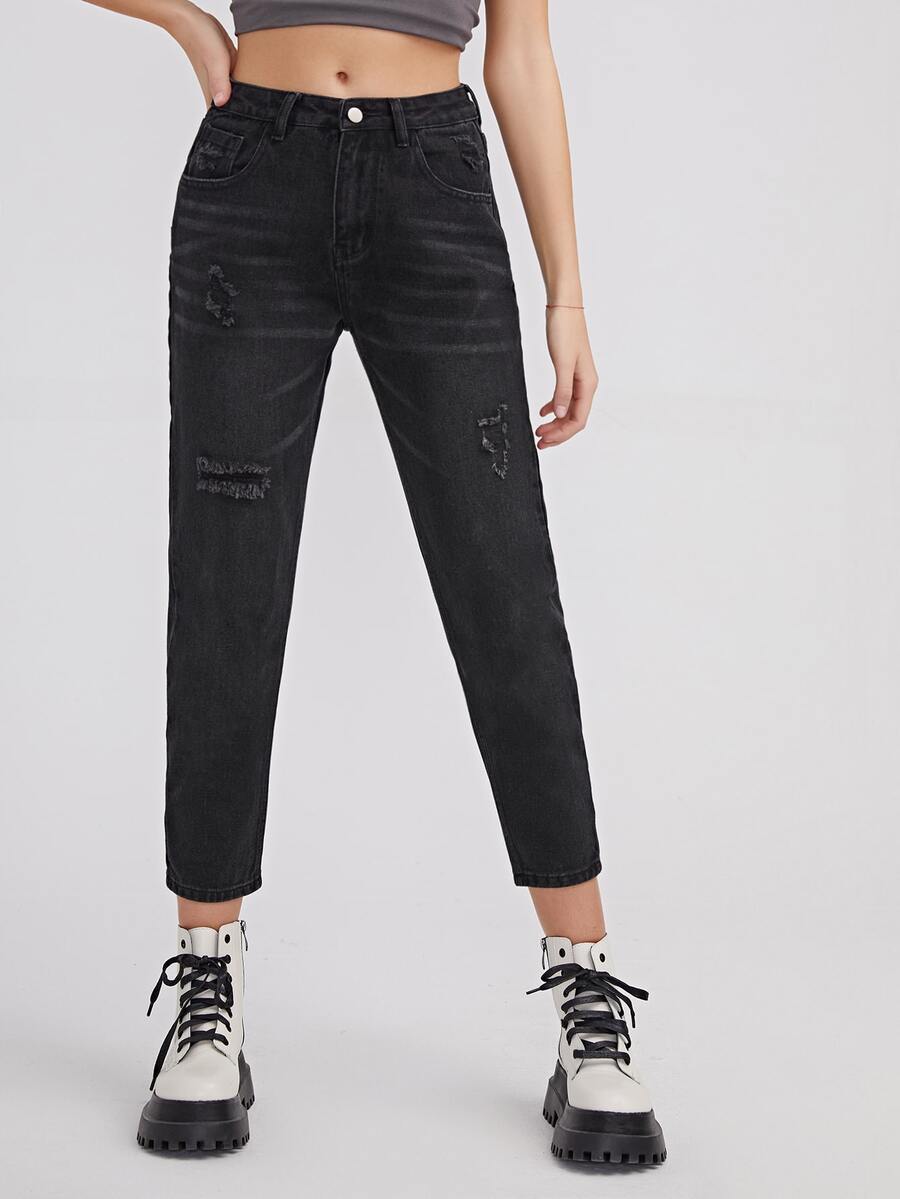 Ripped Cropped Boyfriend Jeans - Black - View 1