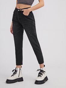 Ripped Cropped Boyfriend Jeans - Black - View 3