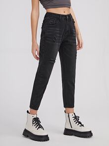 Ripped Cropped Boyfriend Jeans - Black - View 4