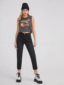 Ripped Cropped Boyfriend Jeans - Black - View 5