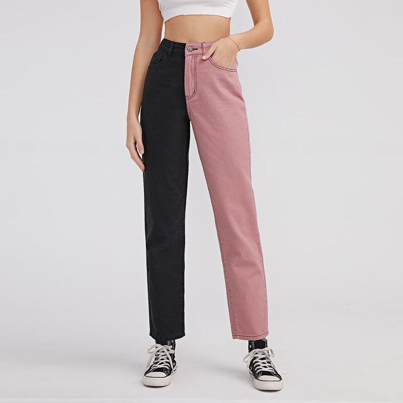 

High Waist Two Tone Straight Leg Jeans, Multicolor