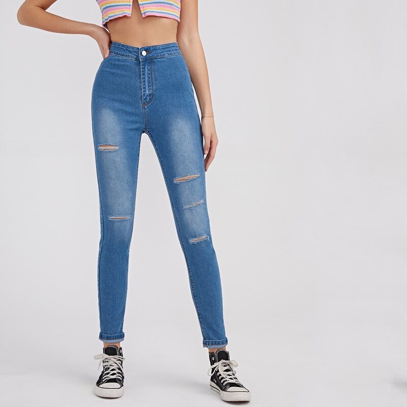 

High Waist Ripped Skinny Jeans, Medium wash