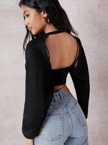 SHEIN BAE Áo nữ Lộ Lưng màu trơn Giải trí - màu đen - Xem 2