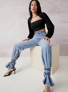 SHEIN BAE Áo nữ Lộ Lưng màu trơn Giải trí - màu đen - Xem 4