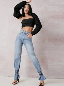 SHEIN BAE Áo nữ Lộ Lưng màu trơn Giải trí - màu đen - Xem 5