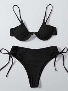 Solid Push Up Tie Side Bikini Set Summer Beach - Black - View 5
