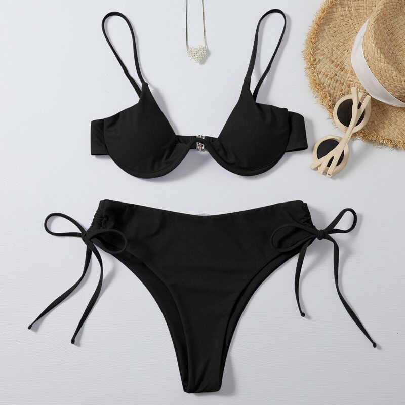 

Solid Push Up Tie Side Bikini Swimsuit, Black