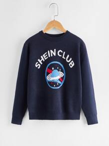 SHEIN Jersey con patrón de planeta - Azul Marino - Ver 1