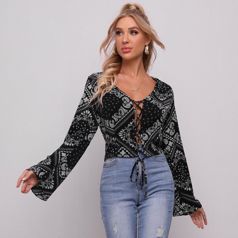 Lace Up Front Paisley Print Top, Black
