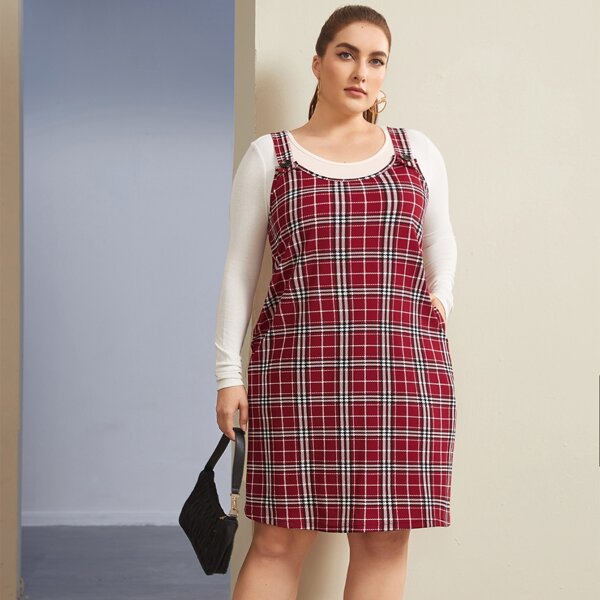 

Plus Pocket Tartan Overall Dress, Burgundy