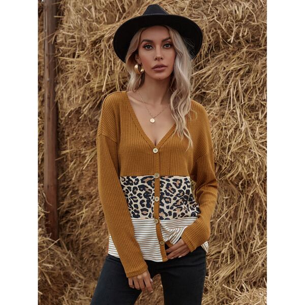

Leopard And Striped Spliced Button Up Top, Multicolor