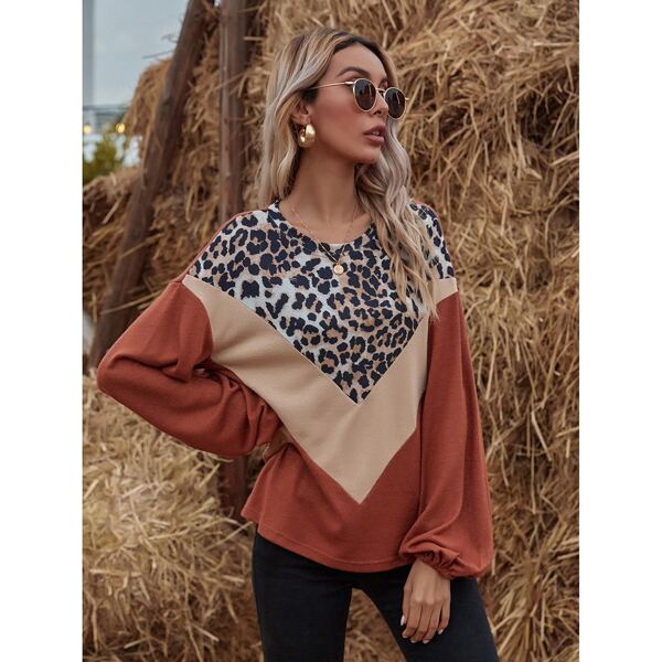 

Leopard Cut And Sew Bishop Sleeve Tee, Multicolor