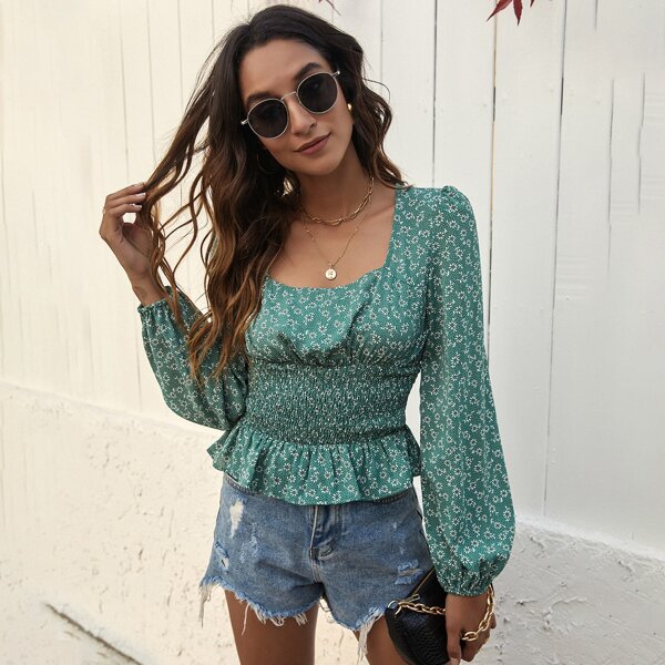 

Square Neck Ditsy Floral Shirred Peplum Blouse, Green