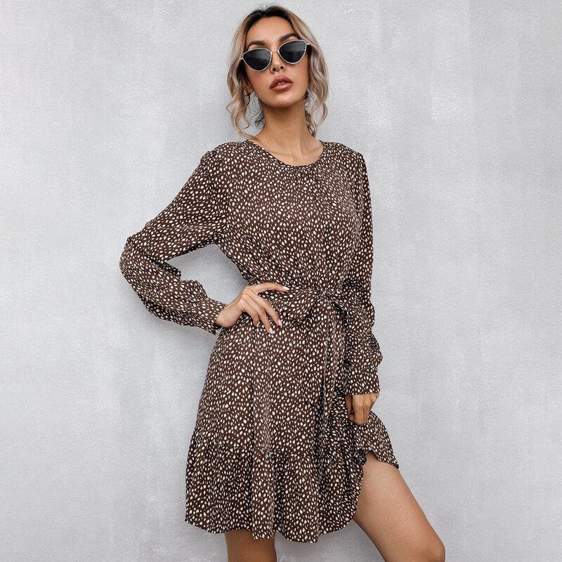 

Allover Print Ruffle Hem Belted Dress, Chocolate brown