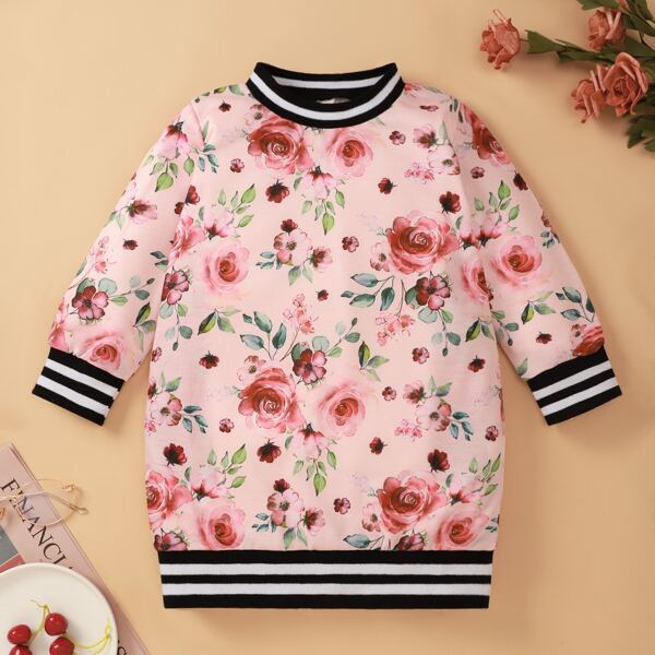 

Toddler Girls Floral And Striped Sweatshirt, Baby pink