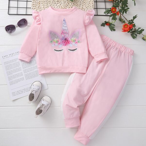 

Toddler Girls Cartoon Graphic Ruffle Sweatshirt & Sweatpants, Baby pink