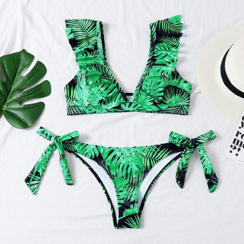 

Tropical Ruffle Tie Side Bikini Swimsuit, Green