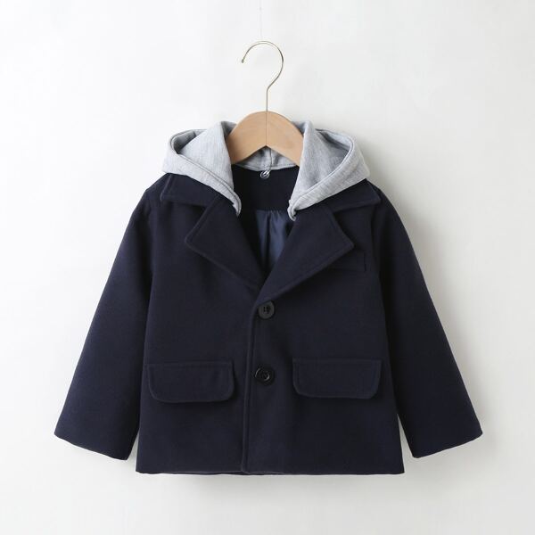 

Toddler Boys Contrast Hooded Overcoat, Navy blue