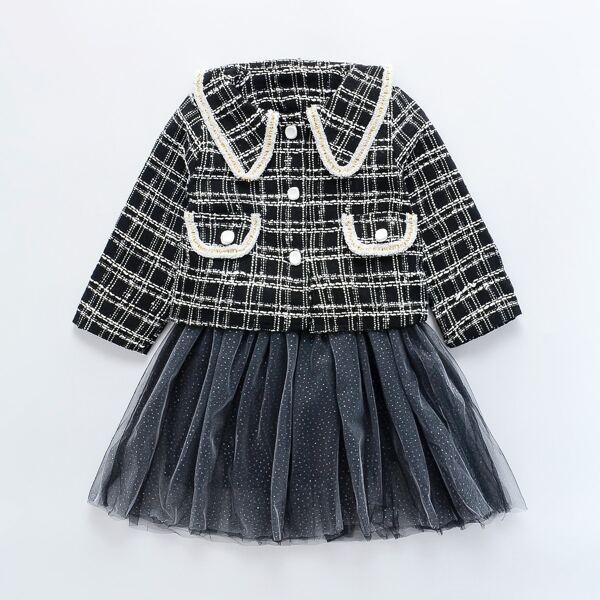 

Toddler Girls Plaid Contrast Mesh Dress & Tweed Jacket, Black