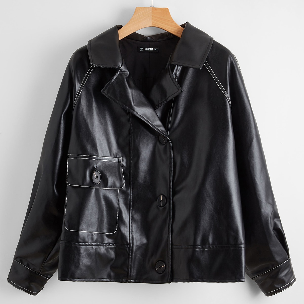 Image of Contrast Stitch PU Leather Jacket