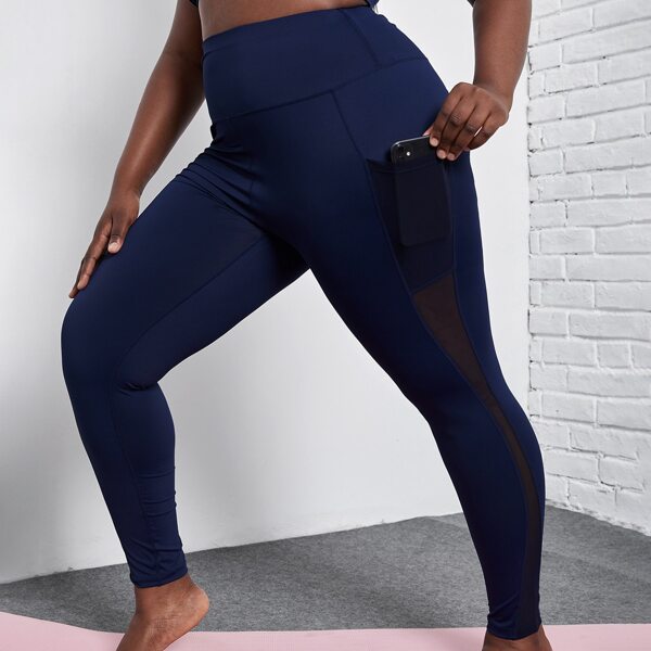 

Plus Contrast Mesh Sports Leggings With Phone Pocket, Navy blue