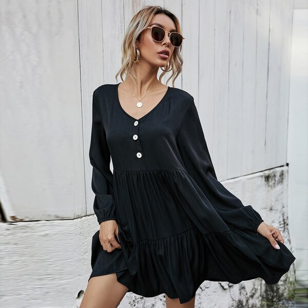 

Button Front Lantern Sleeve Smock Dress, Black