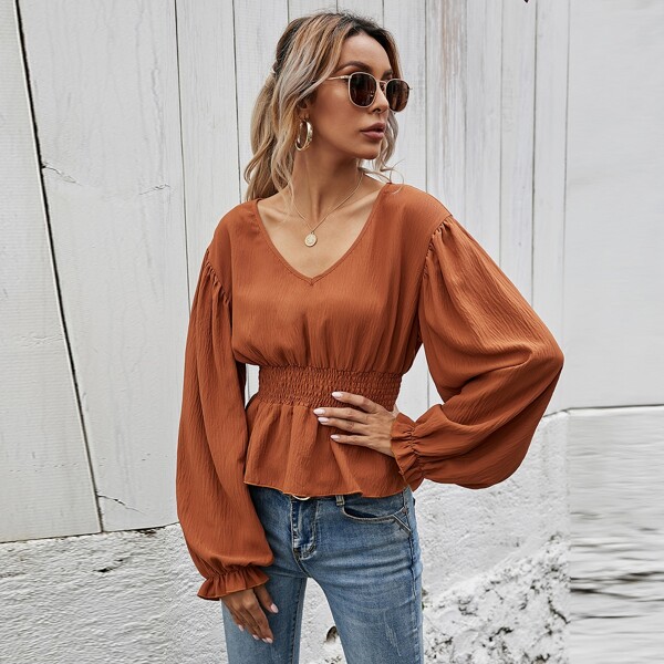 

Drop Shoulder Shirred Waist Peplum Top, Burnt orange