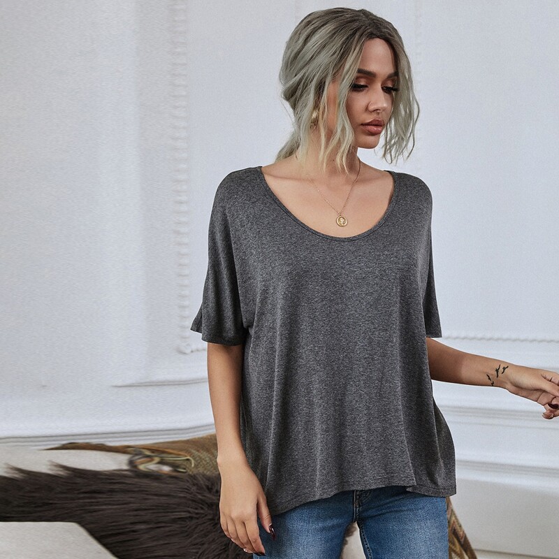 

Scoop Neck Batwing Sleeve Tee, Dark grey