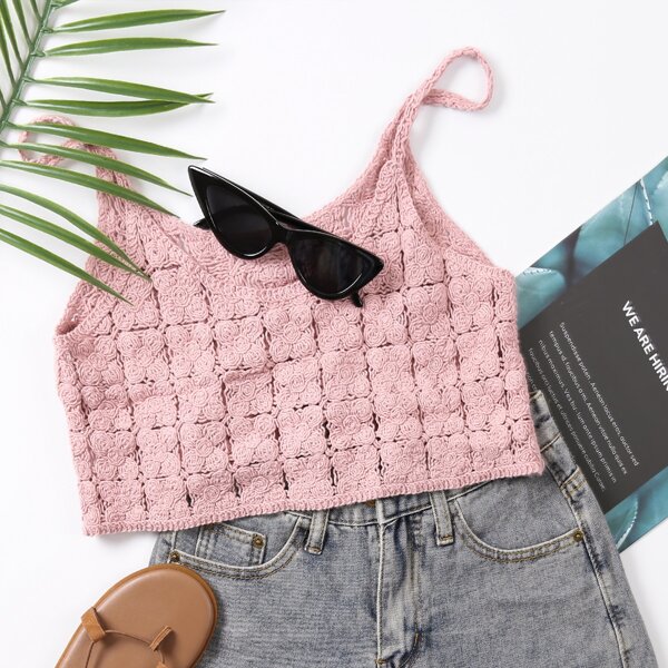 

Floral Crochet Crop Cover Up, Baby pink