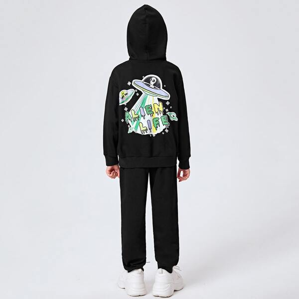 

Boys UFO & Letter Graphic Hoodie & Sweatpants Set, Black