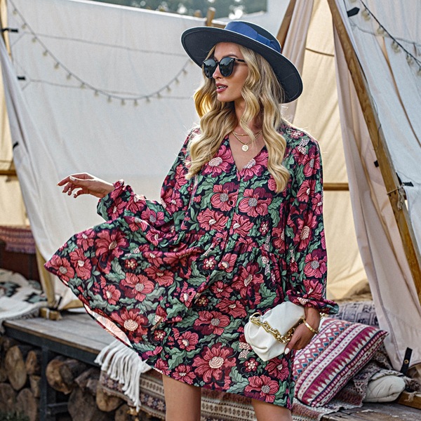

Button Front Allover Floral Smock Dress, Multicolor