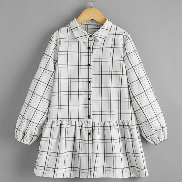 

Girls Plaid Button Front Ruffle Hem Blouse, White