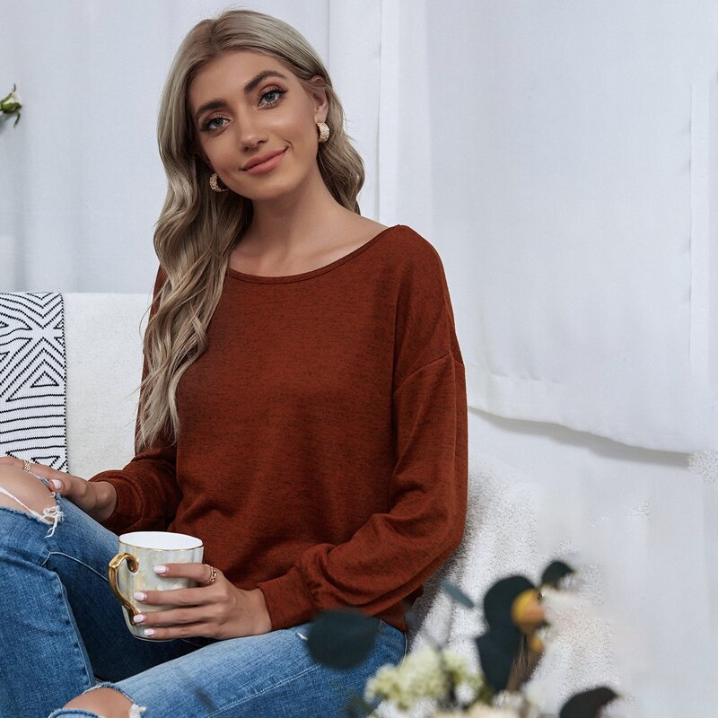 

Drop Shoulder Cut-out Bow Back Space Dye Sweatshirt, Rust brown