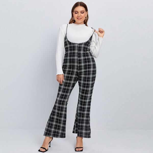 

Plus Plaid Flare Leg Overall Jumpsuit, Black and white