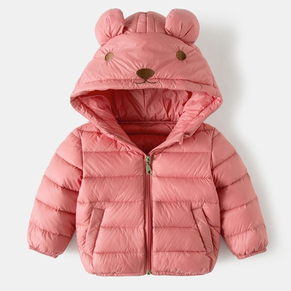 

Baby Girl Embroidered 3D Ears Design Hooded Down Coat, Dusty pink