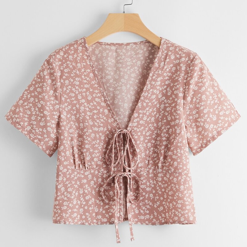 

Tie Front Ditsy Floral Crop Top, Dusty pink