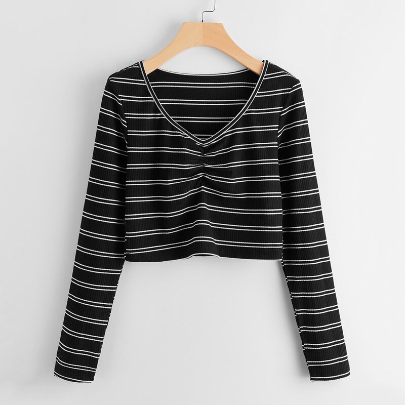 

Ruched Front Striped Tee, Black and white