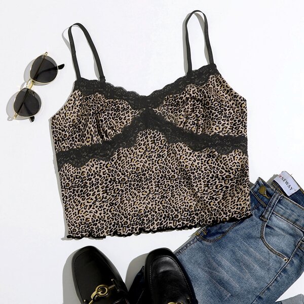 

All Over Print Contrast Lace Cami Top, Multicolor