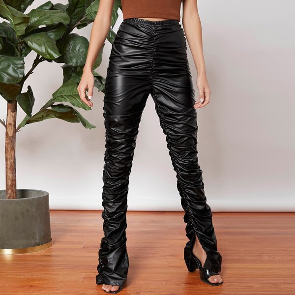 

Ruched Slit Hem Leather Look Pants, Black