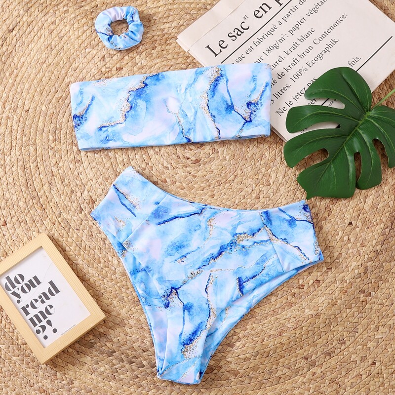 

Marble Print Bandeau Bikini Swimsuit & Scrunchie, Blue