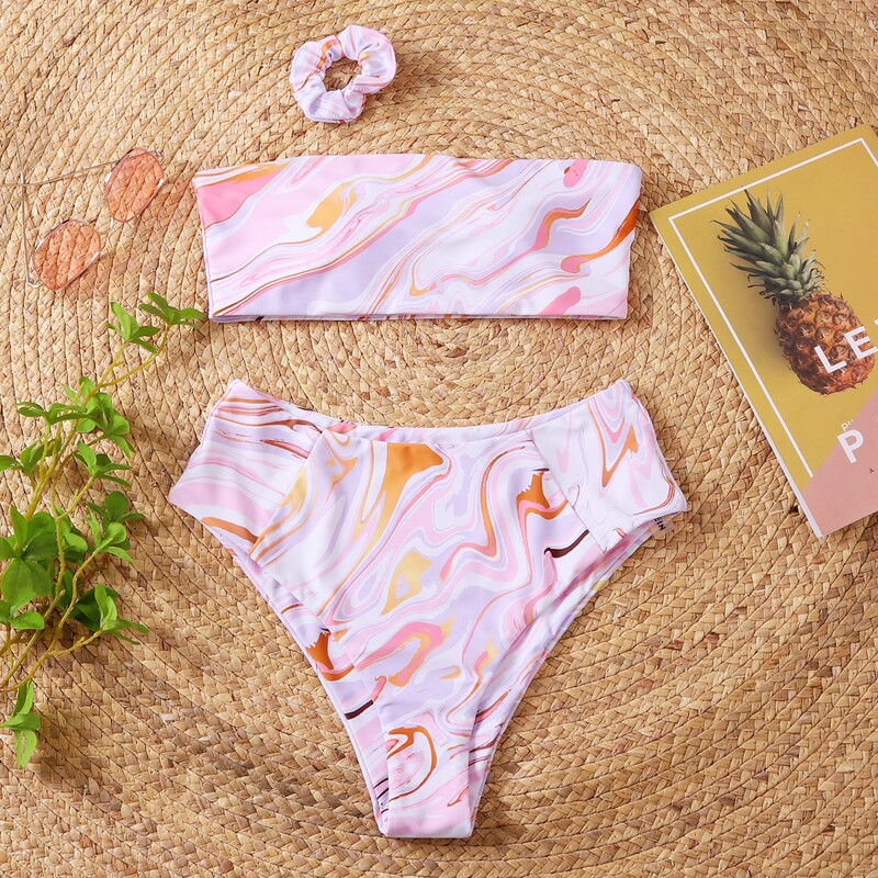 

Abstract Fluid Pattern Bandeau Bikini Swimsuit & Scrunchie, Multicolor