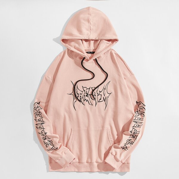 

Men Graphic Print Hoodie, Pastel baby pink