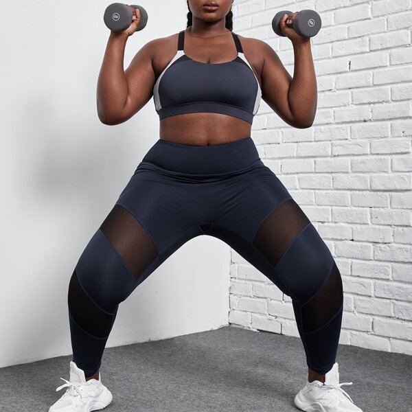 

Plus Contrast Mesh Wide Band Waist Sports Leggings, Navy blue